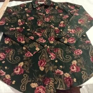 Lemon Grass Women Corduroy Button Up Shirt Sm. Green Floral Cottage Boho